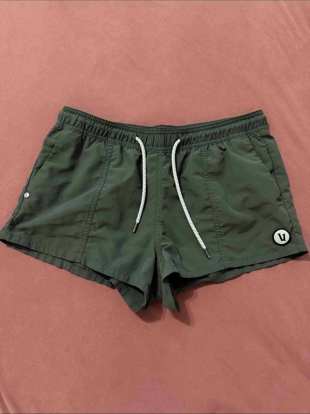 Vuori Olive Green Athletic Shorts with White Drawstring